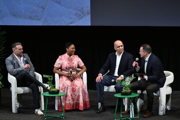 new york, new york april 23: (l r) anthony carrino, arianne bellizaire, vijay deshmukh, and dan diclerico speak onstage at the 2025 hearst eco conscious living summit at film at lincoln center’s walter reade theater on april 23, 2025 in new york city. (photo by eugene gologursky/getty images for hearst magazines)