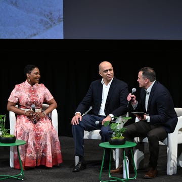 2025 Hearst Eco-Conscious Living Summit new york, new york april 23: (l r) anthony carrino, arianne bellizaire, vijay deshmukh, and dan diclerico speak onstage at the 2025 hearst eco conscious living summit at film at lincoln center’s walter reade theater on april 23, 2025 in new york city. (photo by eugene gologursky/getty images for hearst magazines)