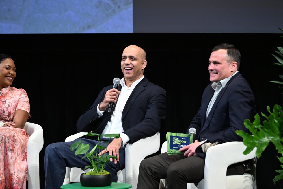 new york, new york april 23: (l r) arianne bellizaire, vijay deshmukh, and dan diclerico speak onstage at the 2025 hearst eco conscious living summit at film at lincoln center’s walter reade theater on april 23, 2025 in new york city. (photo by eugene gologursky/getty images for hearst magazines)