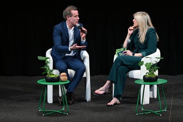 new york, new york april 23: (l r) dan barber and joanna saltz speak onstage at the 2025 hearst eco conscious living summit at film at lincoln center’s walter reade theater on april 23, 2025 in new york city. (photo by eugene gologursky/getty images for hearst magazines)
