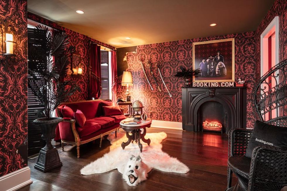 Room, Interior design, Living room, Property, Red, Building, Furniture, Home, House, Fireplace, 