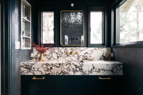 main bathroom, ensuite, dark and moody bathroom with dark walls and white and black marble countertop and back splash