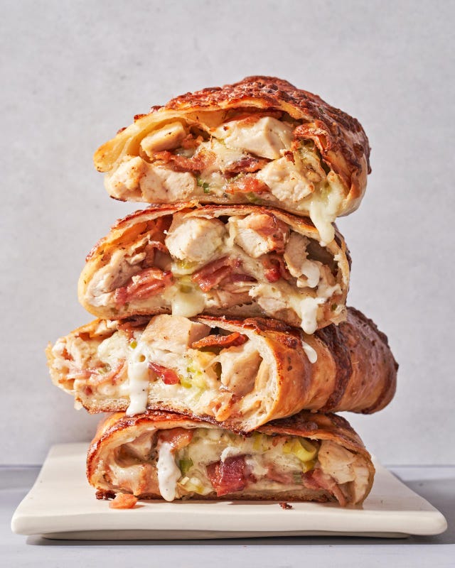 costco copycat chicken bake stacked and cut in halves