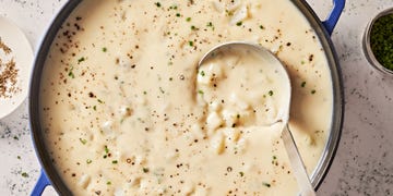 creamy vegetarian potato soup flavored with thyme, smoked gouda cheese, and chives