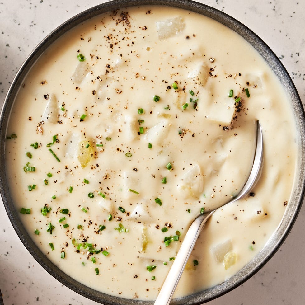 creamy vegetarian potato soup flavored with thyme, smoked gouda cheese, and chives