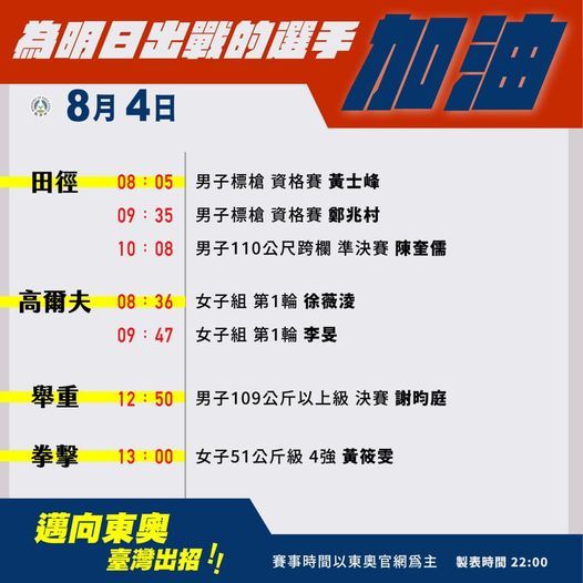 8月4日中華隊奧運出賽表