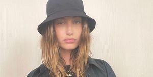 hailey bieber with bucket hat on