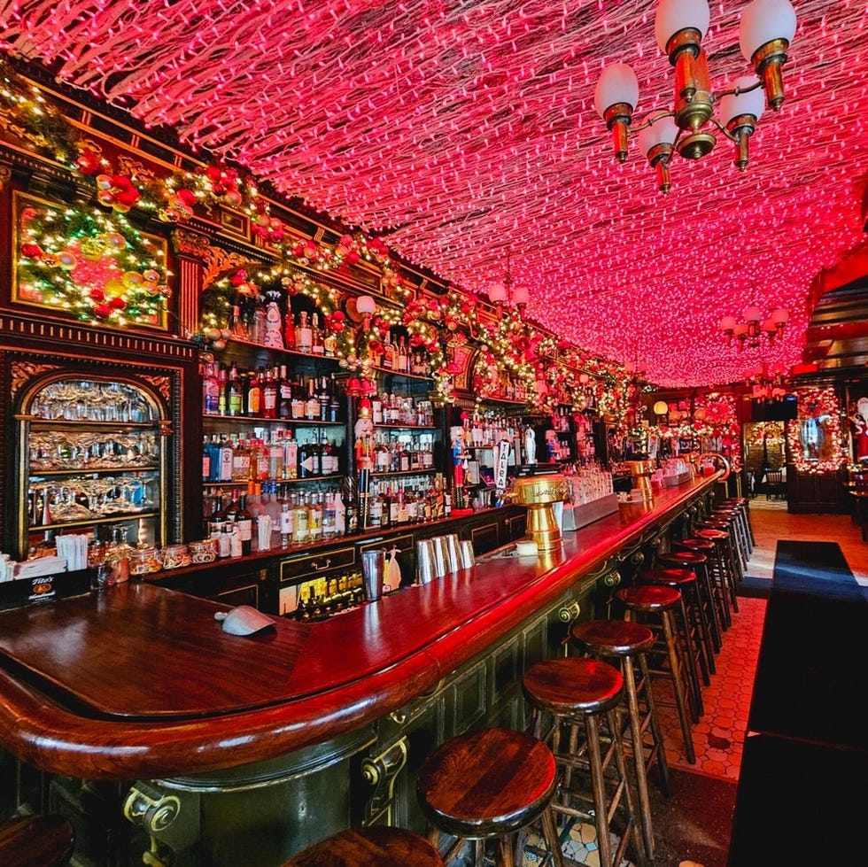 a bar with stools and tables