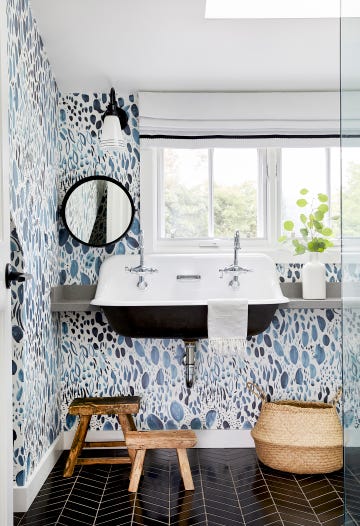 bathroom remodel ideas, after kids room with blue wallpaper