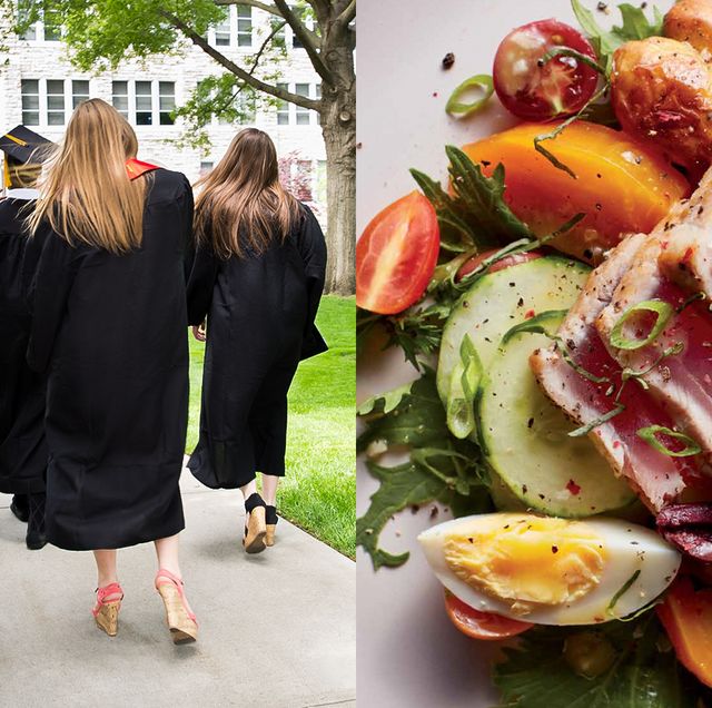 a group of people in college graduation gowns and dining hall food