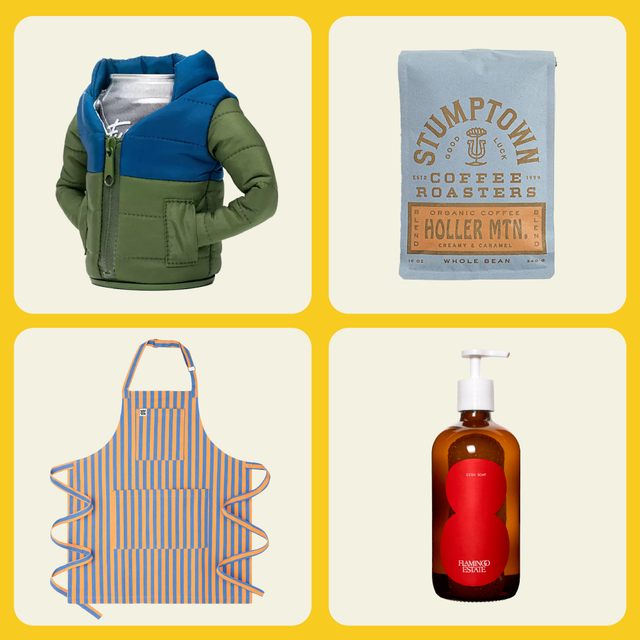 a collection of varied products including a jacket coffee an apron and hand soap