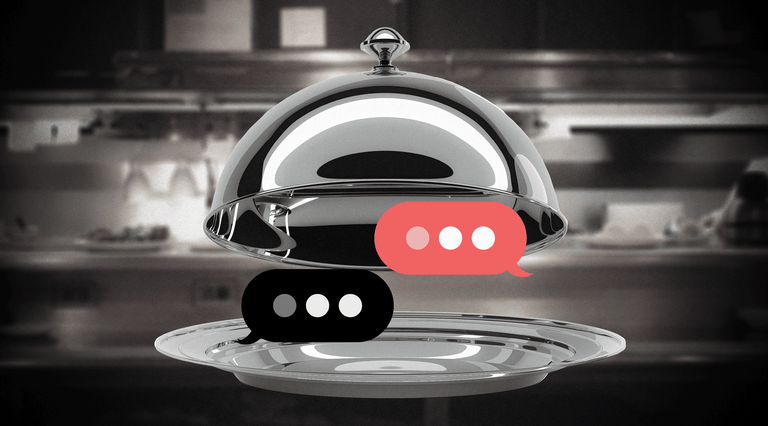 an empty food tray with two illustrated speech bubbles that are typing out