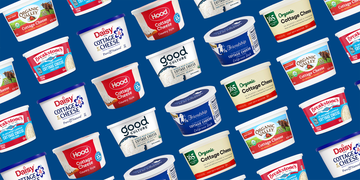 variety of cottage cheese containers against a blue background