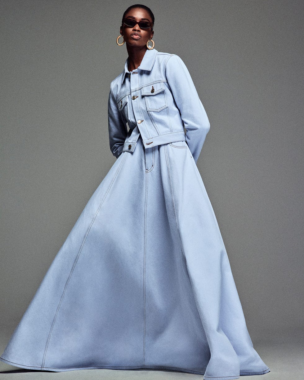 denim outfit featuring a fitted jacket and a long flowing skirt