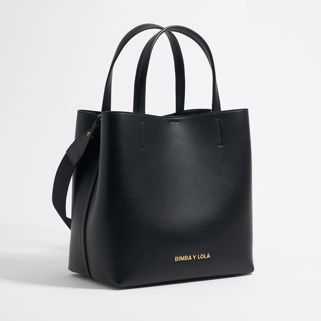 a black handbag with a strap