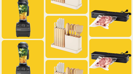 kitchen appliances including a blender cooking utensils holder and vacuum sealer