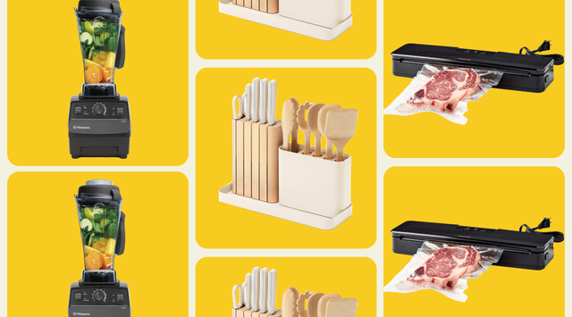 kitchen appliances including a blender cooking utensils holder and vacuum sealer