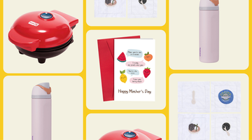 mothers day gift ideas including a waffle maker a water bottle a greeting card and embroidered napkins