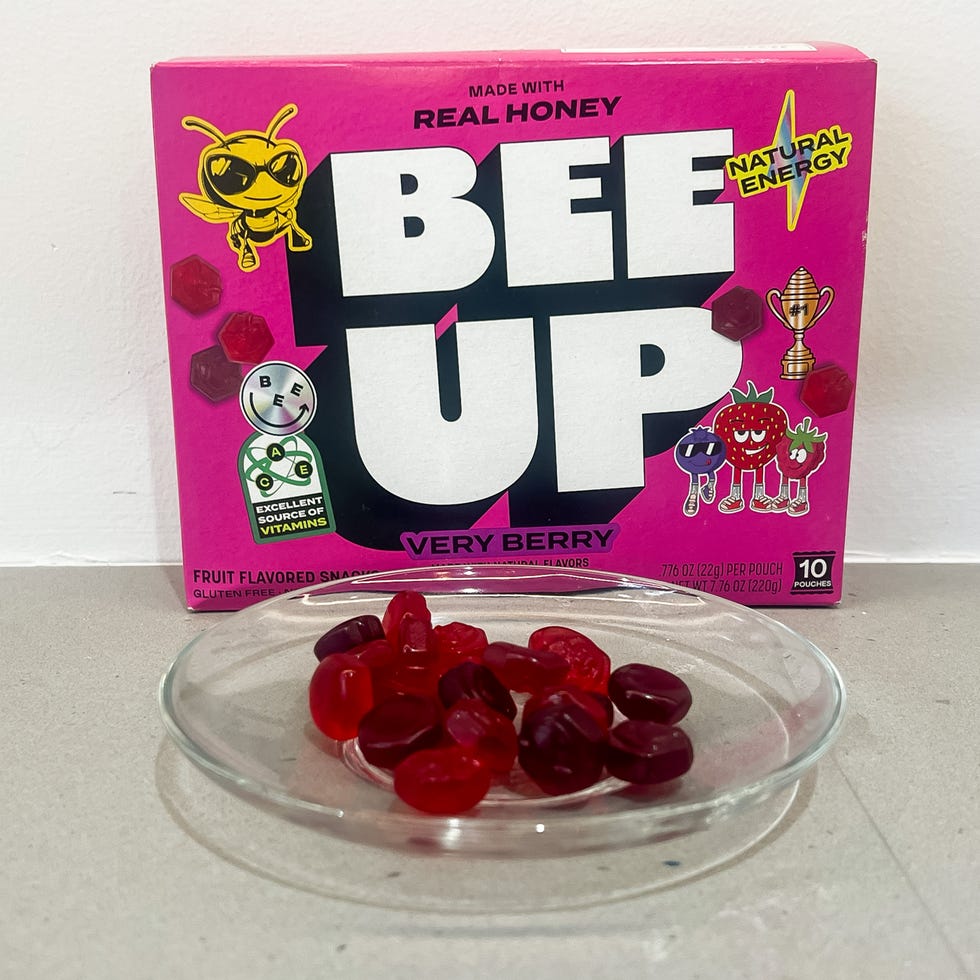 packaged fruitflavored snacks with honey and jelly candies displayed on a plate