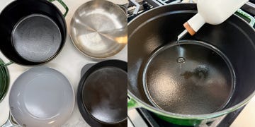 pans on a kitchen counter; oil being poured into an enamel dutch oven.