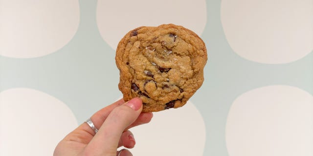 single chocolate chip cookie held up against a pale background