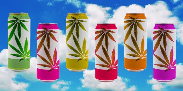 collection of colorful beverage cans featuring cannabis leaf designs