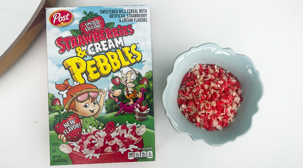 strawberries and cream pebbles cereal box and bowl