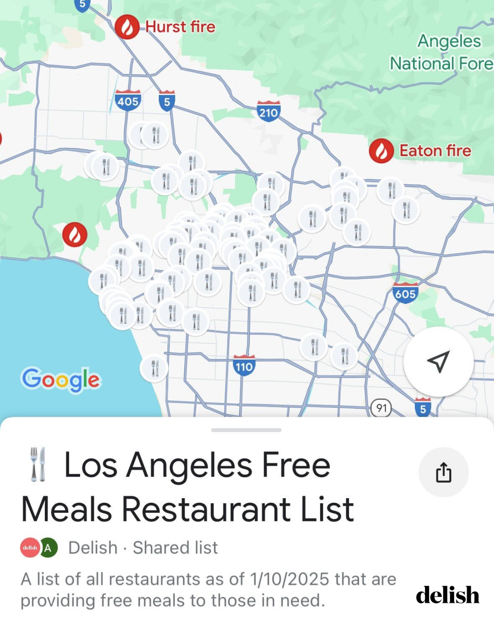 map indicating restaurants in los angeles providing free meals with fire alerts