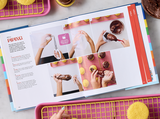 a cookbook open to a page teaching you how to pipe icing