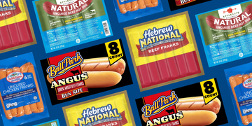 various hot dog brand packaging over blue background