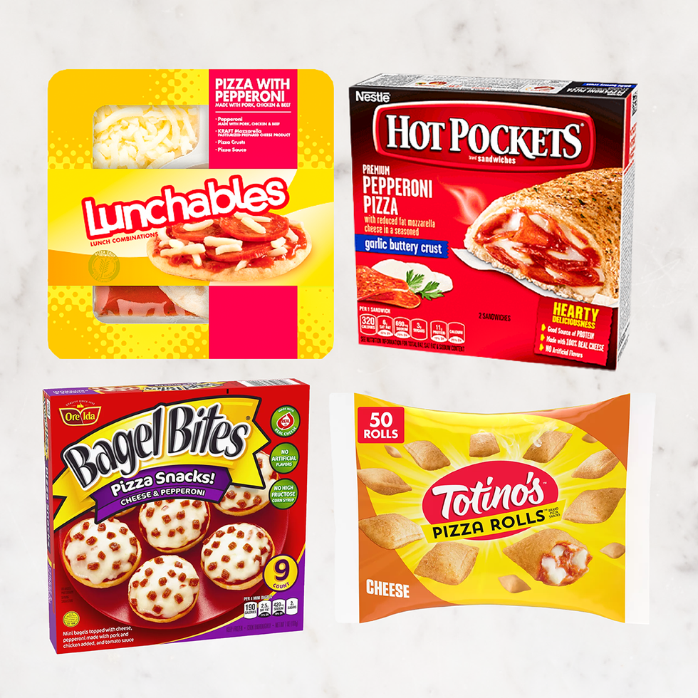 various pizza snack products including lunchables hot pockets bagel bites and totinos pizza rolls