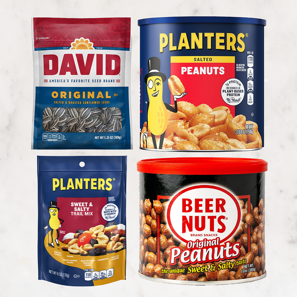 collection of snack products including sunflower seeds and various peanut snacks