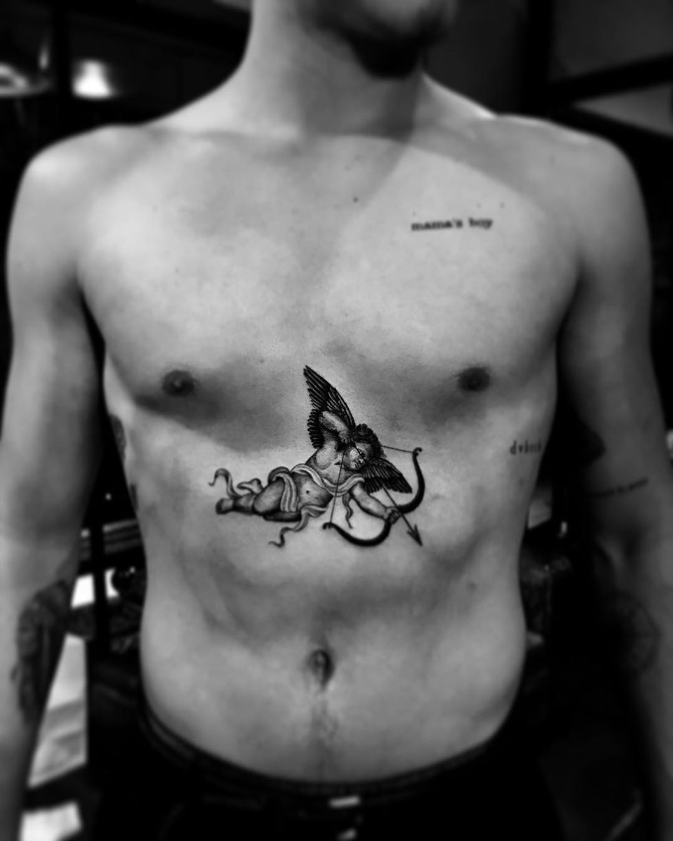 Tattoo, Chest, Shoulder, Neck, Trunk, Butterfly, Back, Wing, Black-and-white, Barechested, 
