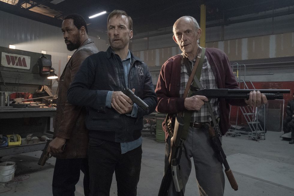 from left harry mansell rza, hutch mansell bob odenkirk and david mansell christopher lloyd in nobody, directed by ilya naishuller