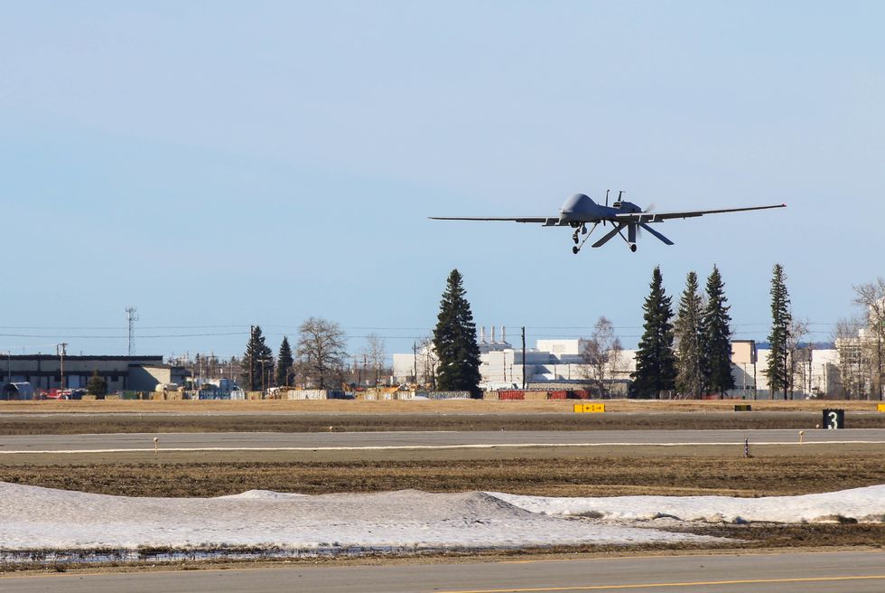 an mq 1c gray eagle, assigned to delta company, 25th aviation takes off from ladd army airfield april 12, 2016 at fort wainwright, alaska the gray eagle is the most recent edition to us army alaska aviation task force and provides usarak commanders real world combat assets for training in alaska us army photo by staff sgt sean brady