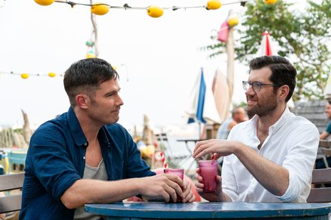 from left aaron luke macfarlane and bobby billy eichner in bros, directed by nicholas stoller