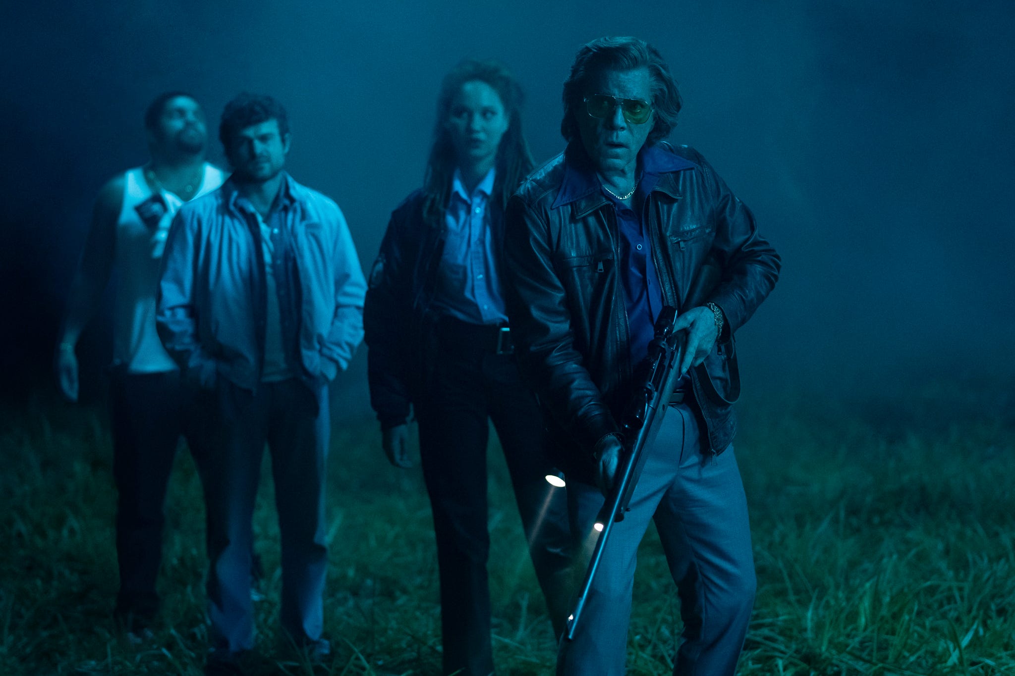 from left daveed o’shea jackson, jr, eddie alden ehrenreich, officer reba ayoola smart and syd ray liotta in cocaine bear, directed by elizabeth banks