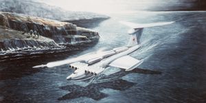 a hand sketched illustration  an artist's concept of a soviet wing in ground effect vehicle