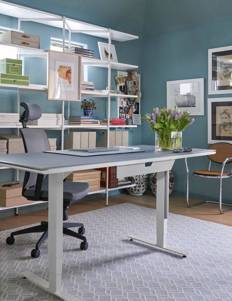 Furniture, Desk, Table, Room, Computer desk, Office chair, Office, Writing desk, Interior design, Turquoise, 