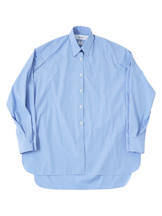 a blue shirt with a white collar