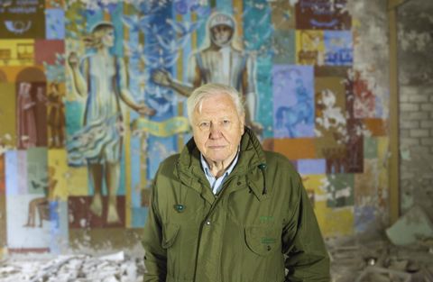 sir david attenborough pictured in chernobyl, ukraine, while filming david attenborough a life on ourplanet the film will be in cinemas on 16 april, before being released globally on netflix in spring 2020credit joe fereday  silverback films