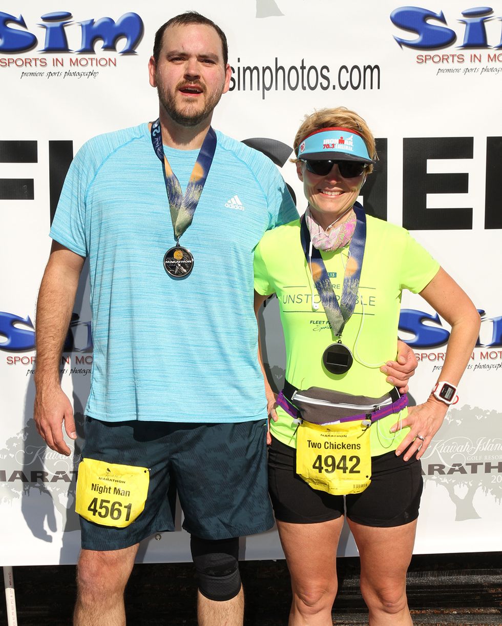 Justin and Melissa at the finish of the 2016 Kiawah Marathon. 