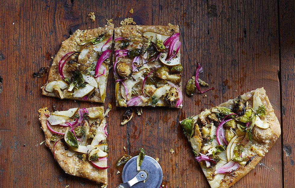 brussel sprouts and pear flatbread