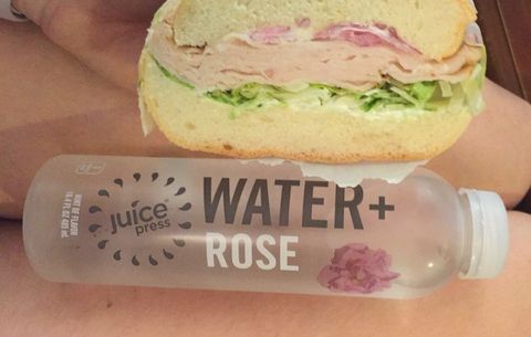 Flavored seltzer water and a sandwich