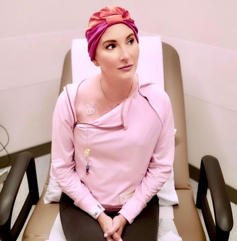 clea shearer sitting down during their treatment on the third round of chemo therapy