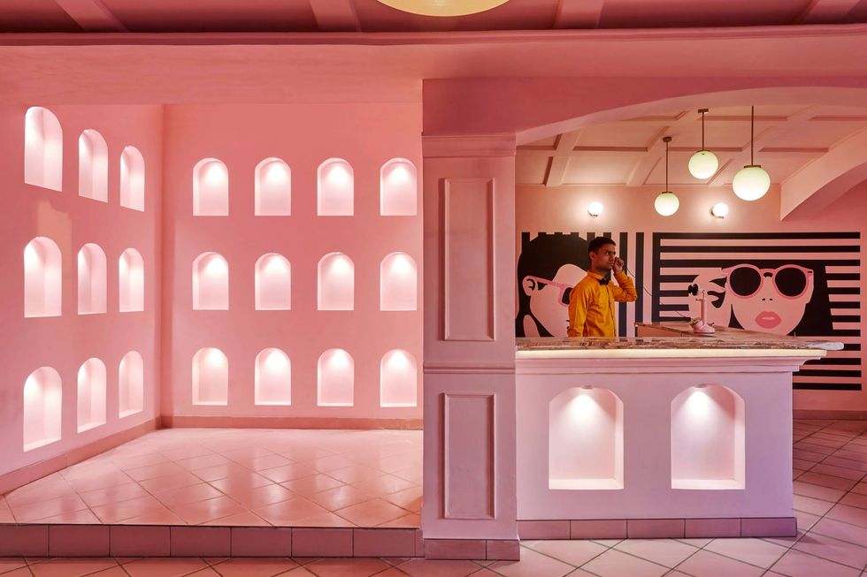 Pink, Interior design, Room, Architecture, Building, Ceiling, Furniture, 