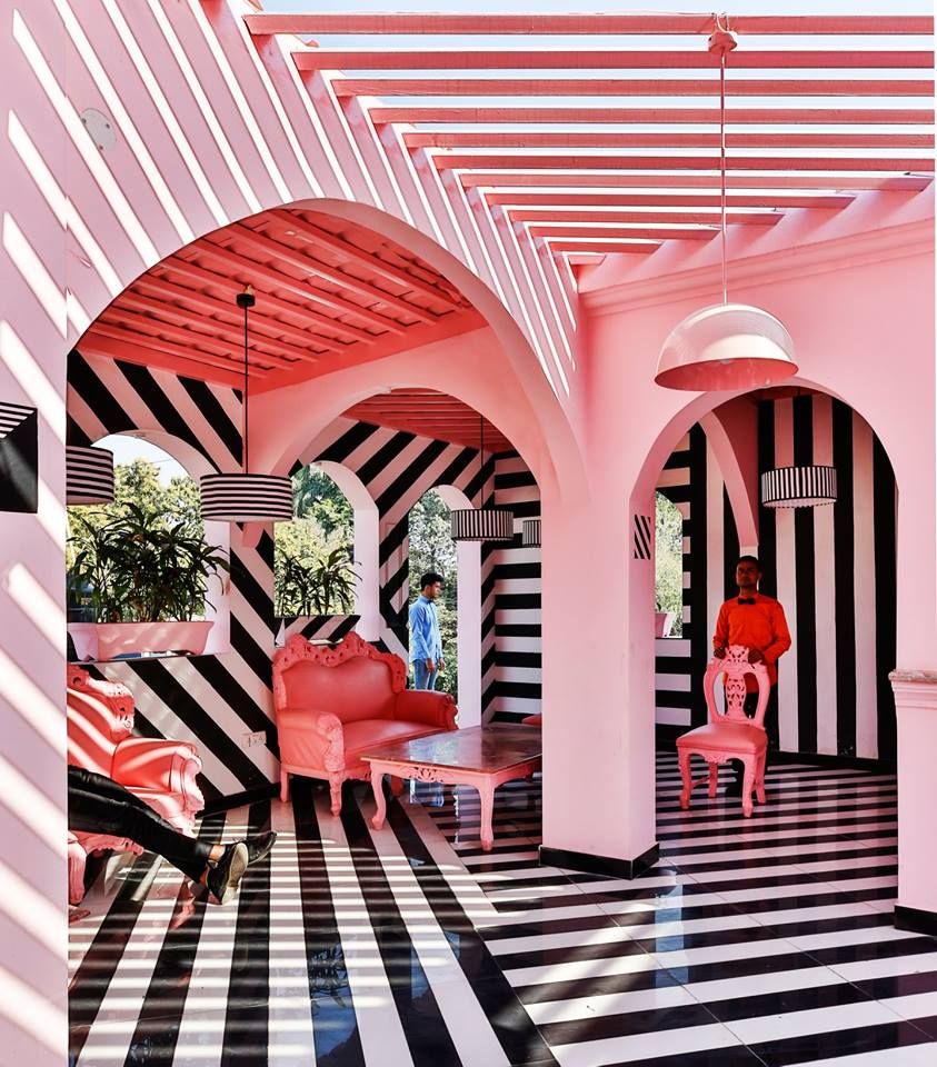 Red, Pink, Architecture, Interior design, Orange, Line, Building, Room, Ceiling, House, 