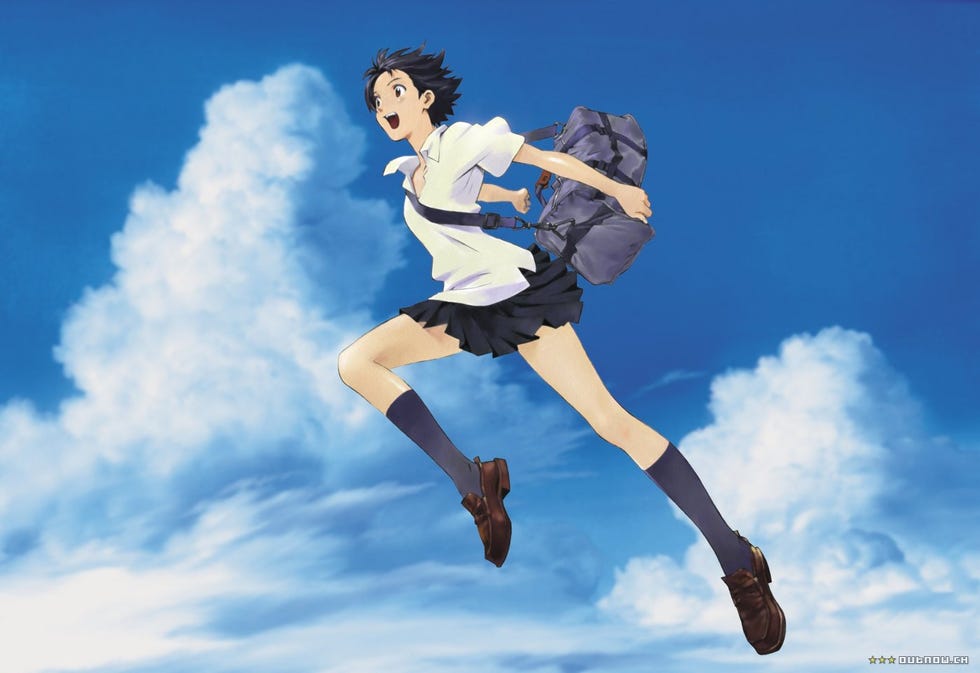 the main character leaping through the air in the anime film the girl who leapt through time