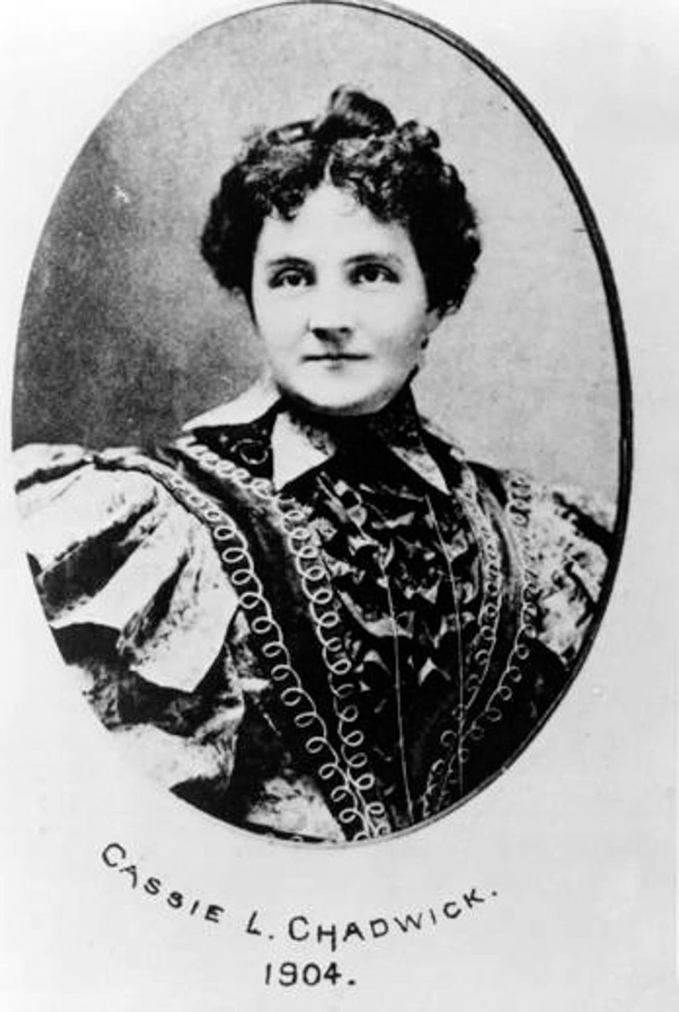 a black and white photo of a woman with text reading cassie l chadwick 1905