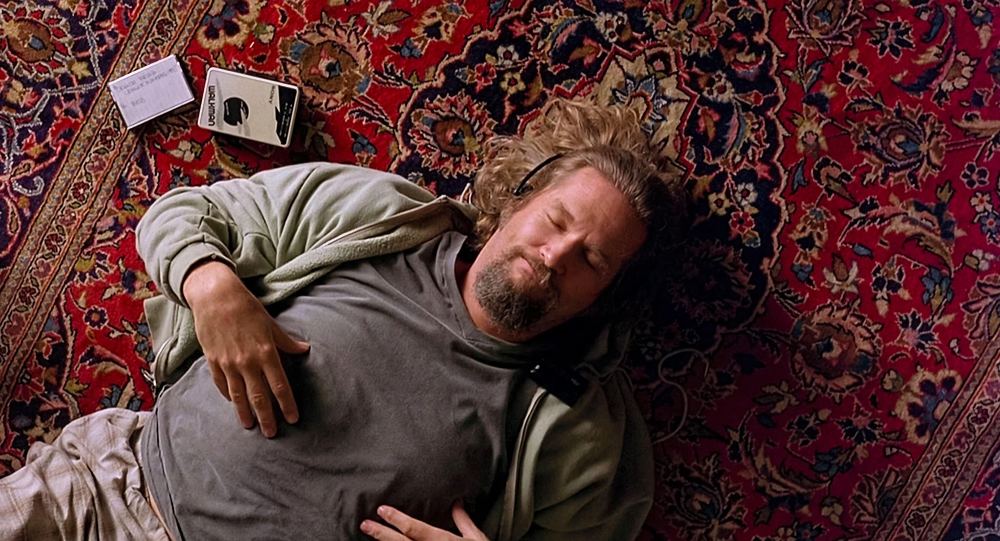 2axdt9c the big lebowski 1998 directed by joel and ethan coen and starring jeff bridges as jeffrey the dude lebowski shown relaxing on his new rug